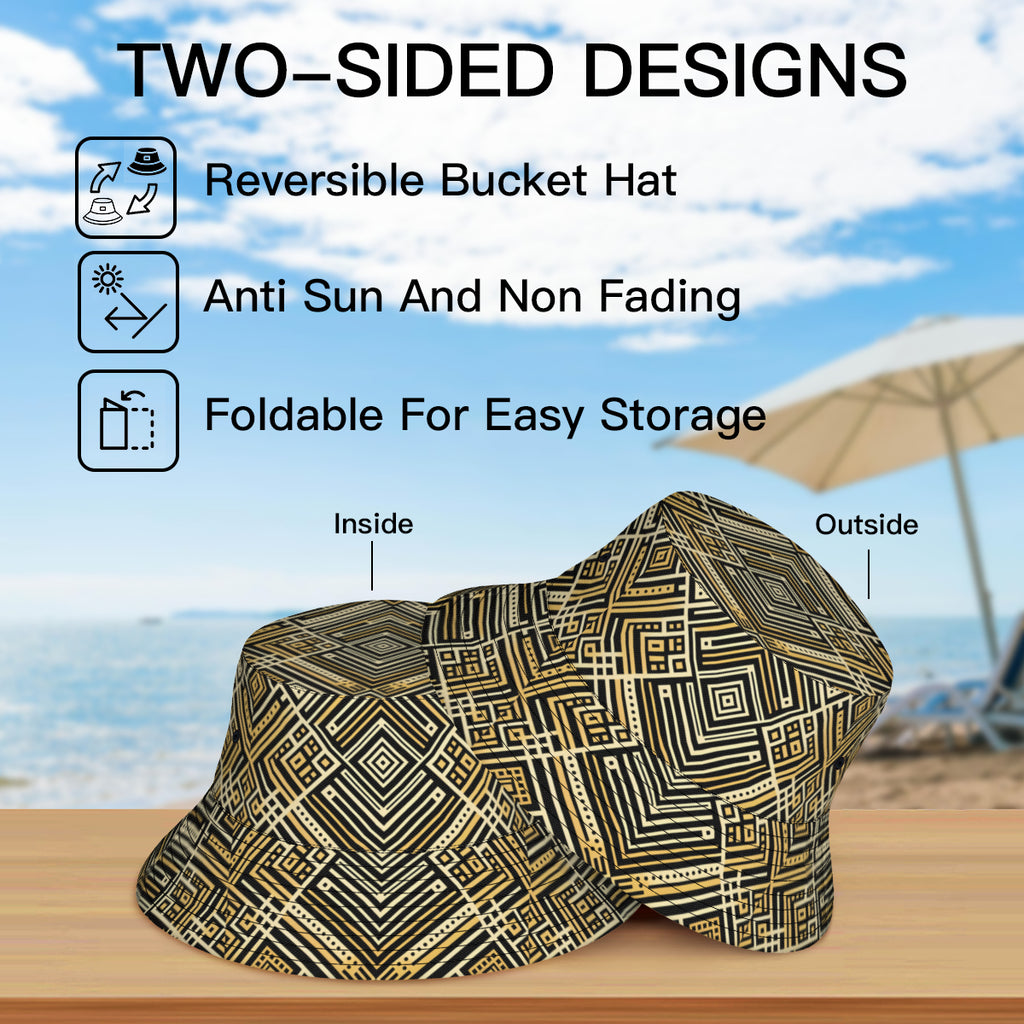 Golden Geometric Shapes Double-Sided Unisex Polyester Bucket Hat