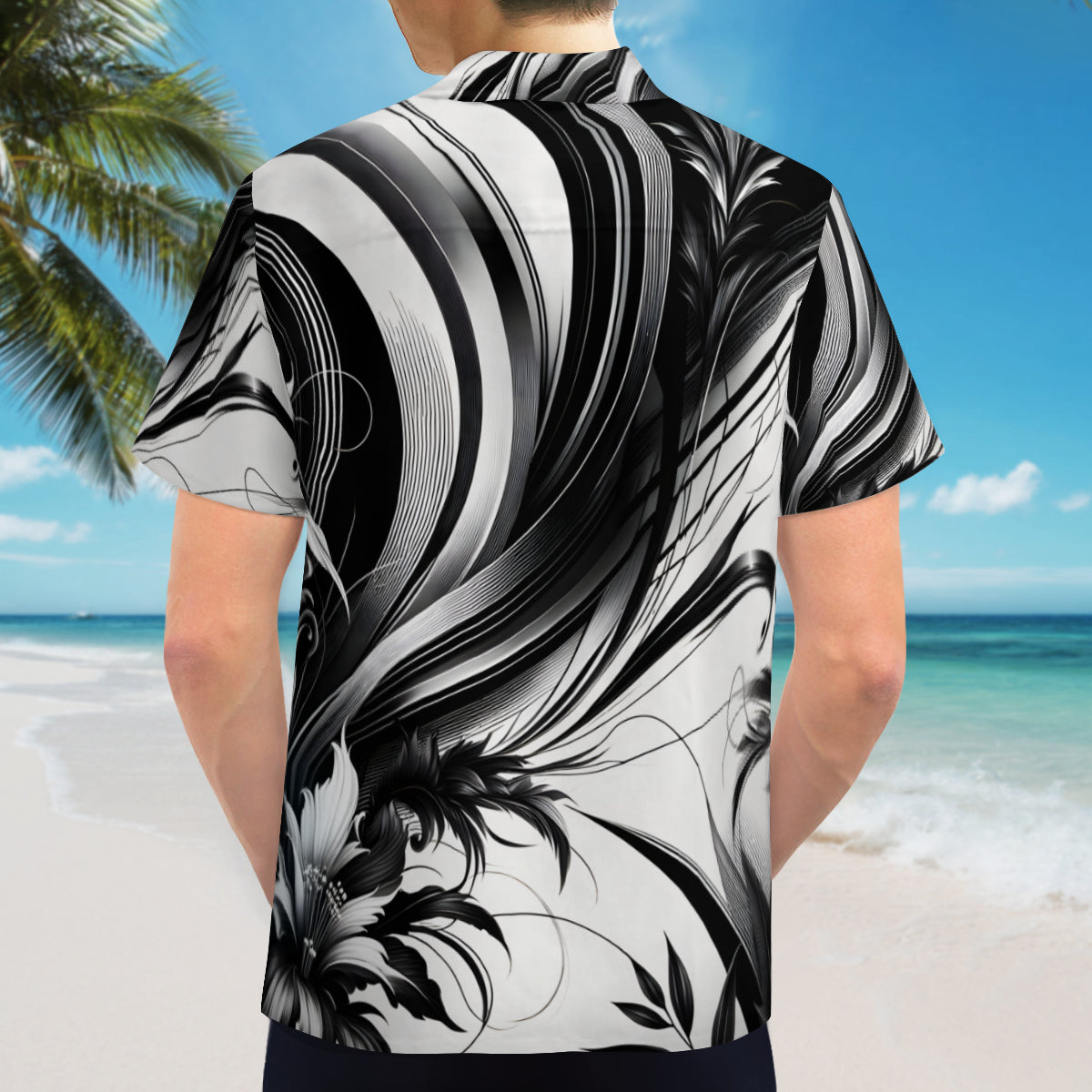 Black And White Floral Short Sleeves Men's Shirt