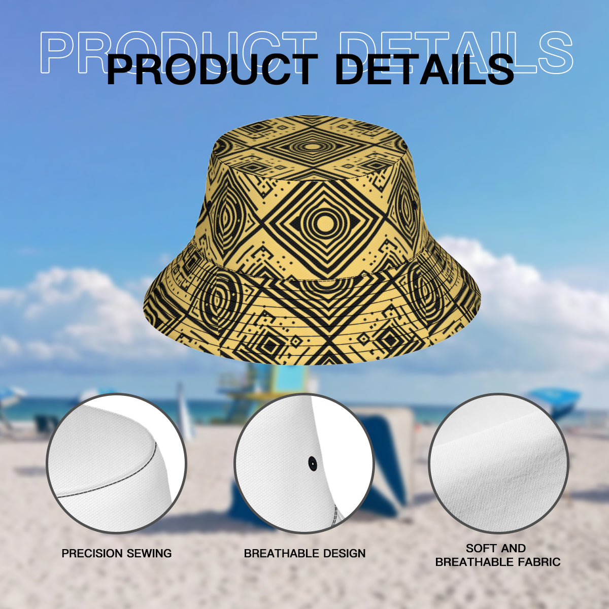 Golden Geometric Shapes Double-Sided Unisex Polyester Bucket Hat