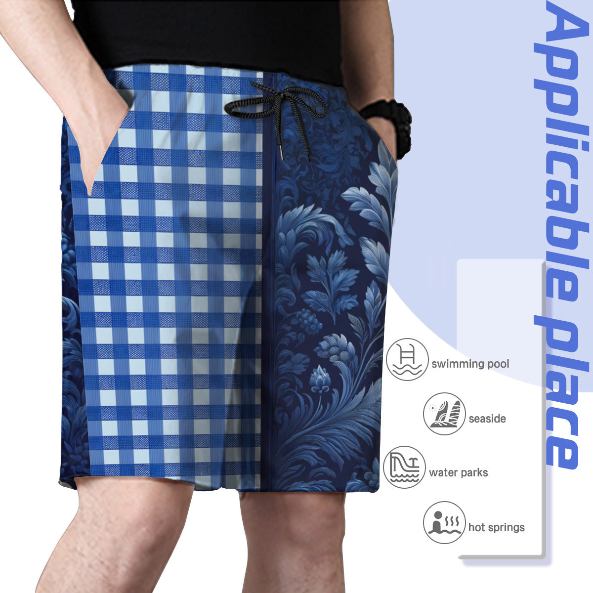 Blue Check Men's Beach Shorts (Not Mesh Lined) | Polyester