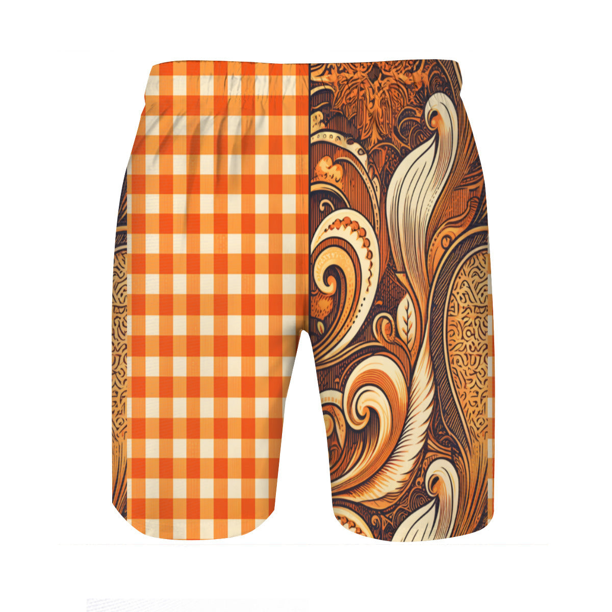 Orange Check Men's Beach Shorts (Not Mesh Lined) | Polyester