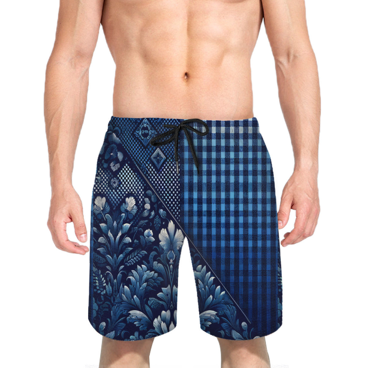 Blue Floral Check Men's Beach Shorts (Not Mesh Lined) | Polyester