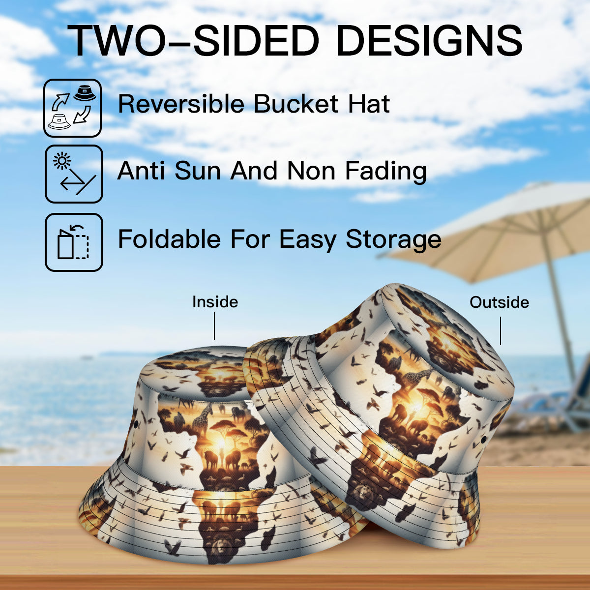 African Animals Sunset Double-Sided Unisex Polyester Bucket Hat