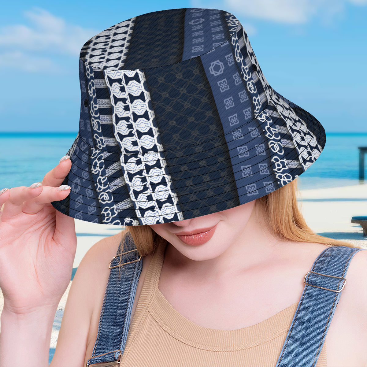 Navy Blue Geometric Shapes Double-Sided Unisex Polyester Bucket Hat