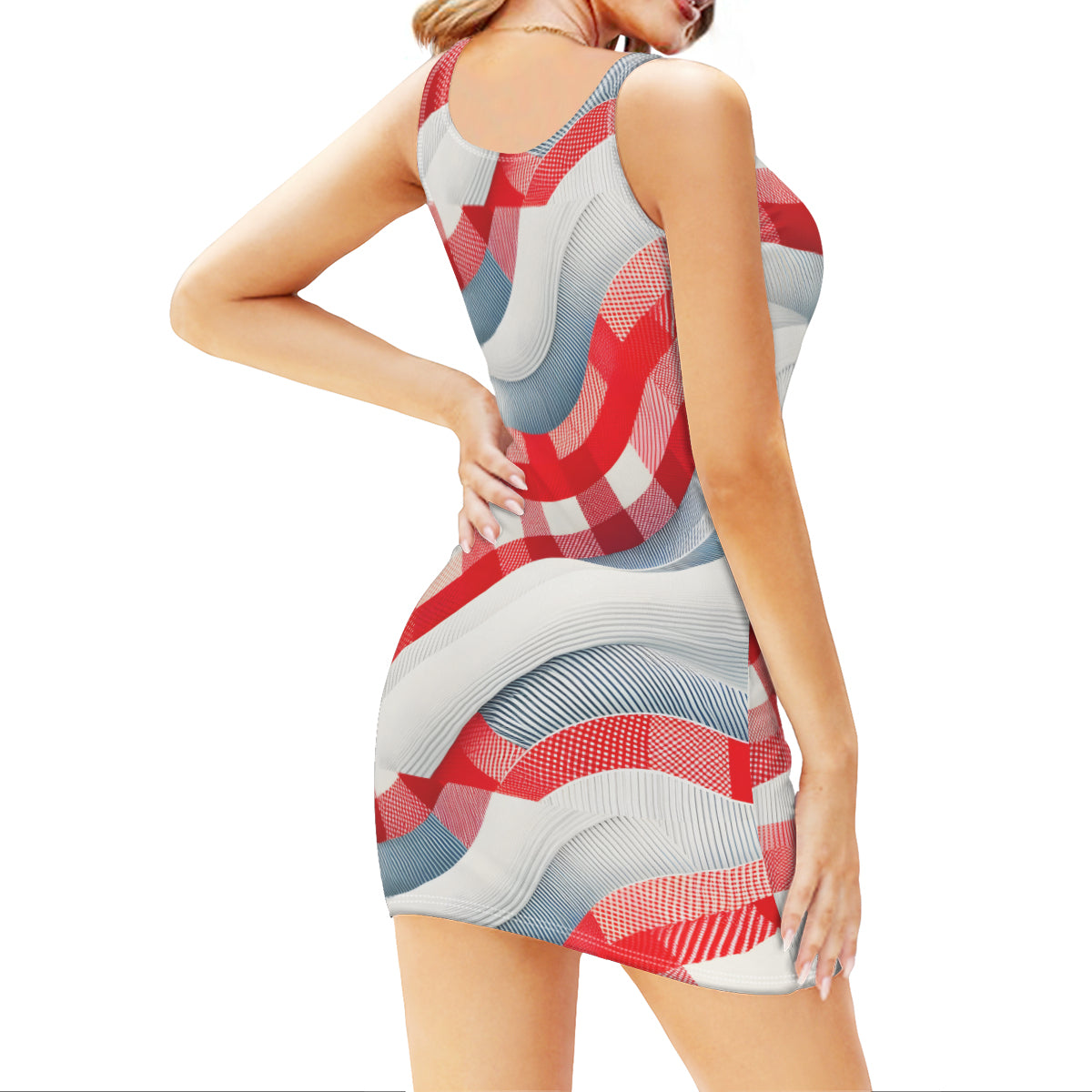 Red Check Sleeveless Slim-Fit Euro-Size Tank Slip Dress | Polyester