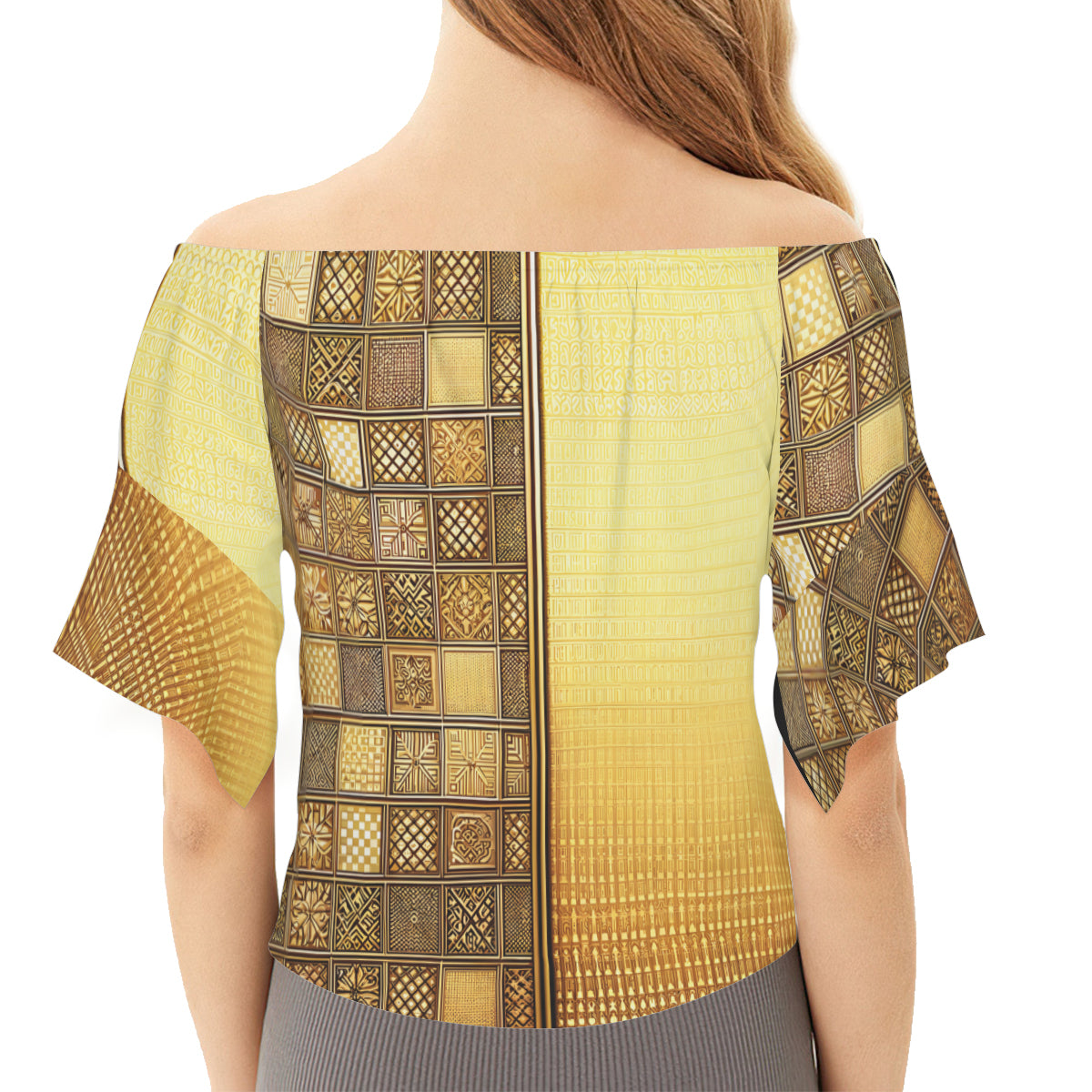 Gold Check One-Shoulder Tie Short Sleeves