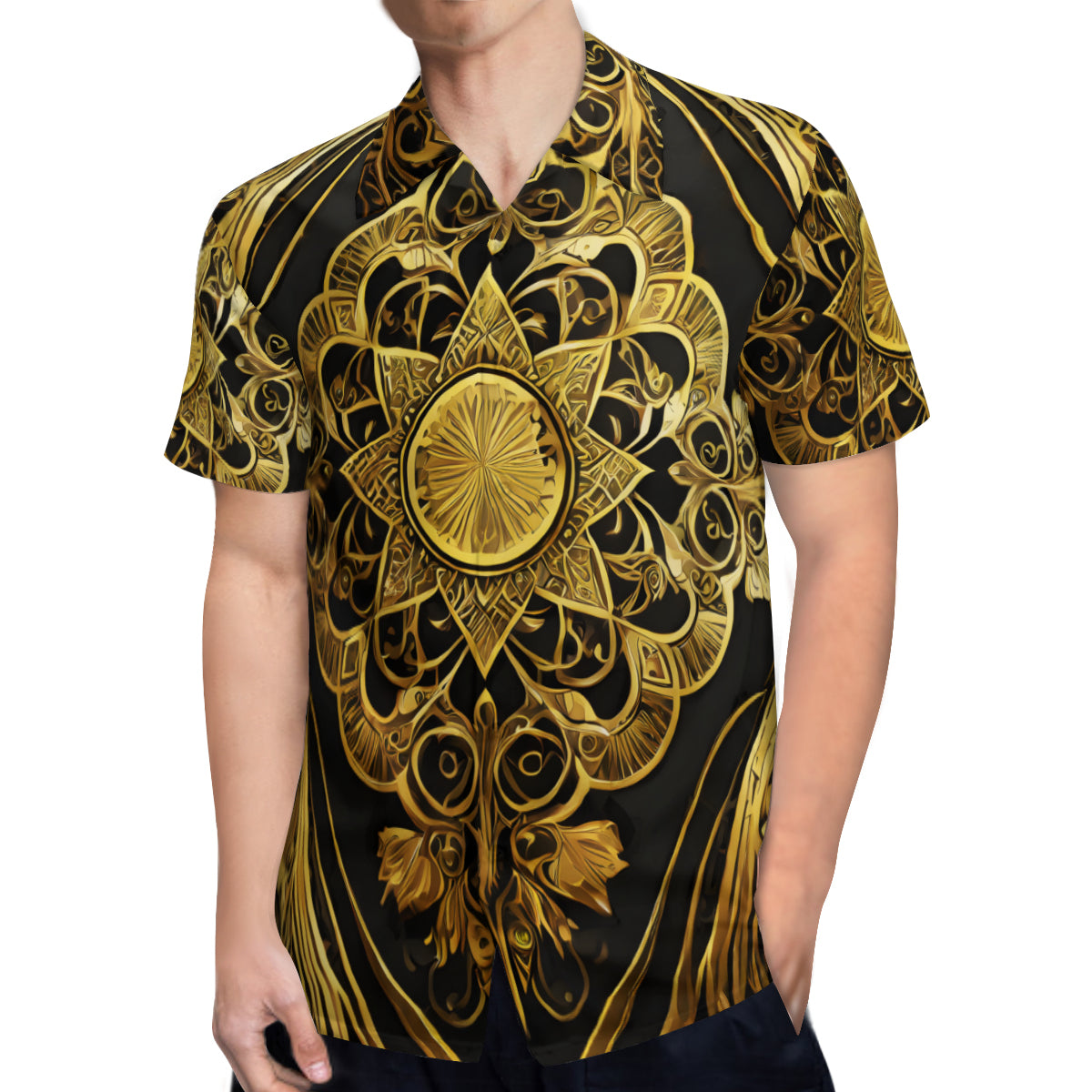 Elegant Black And Gold Short Sleeves Men's Shirt