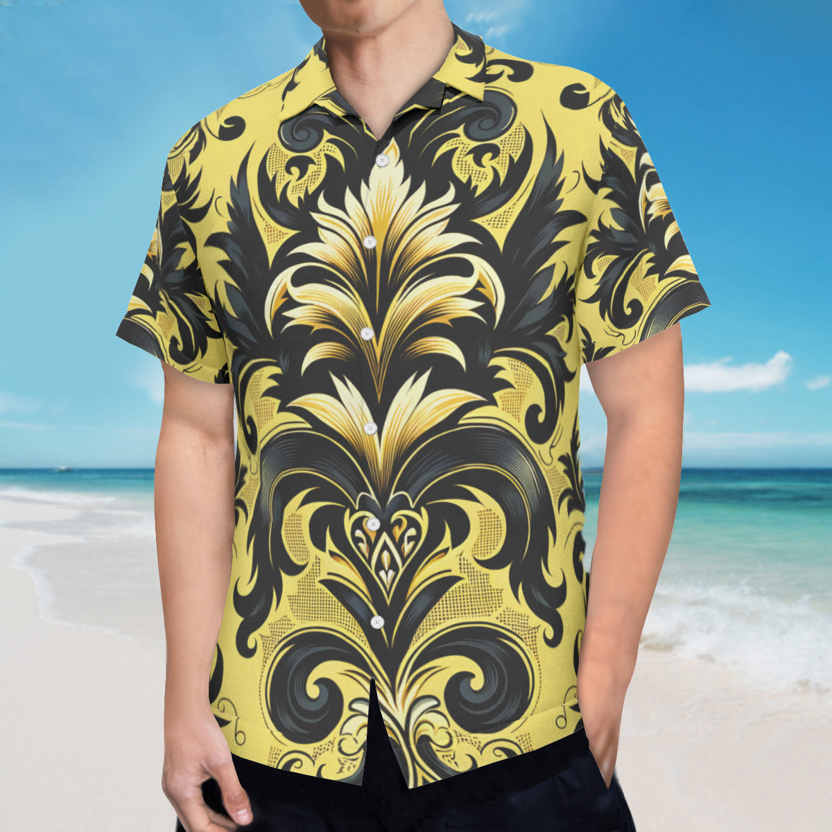 Yellow And Black Intricate Short Sleeves Men's Shirt