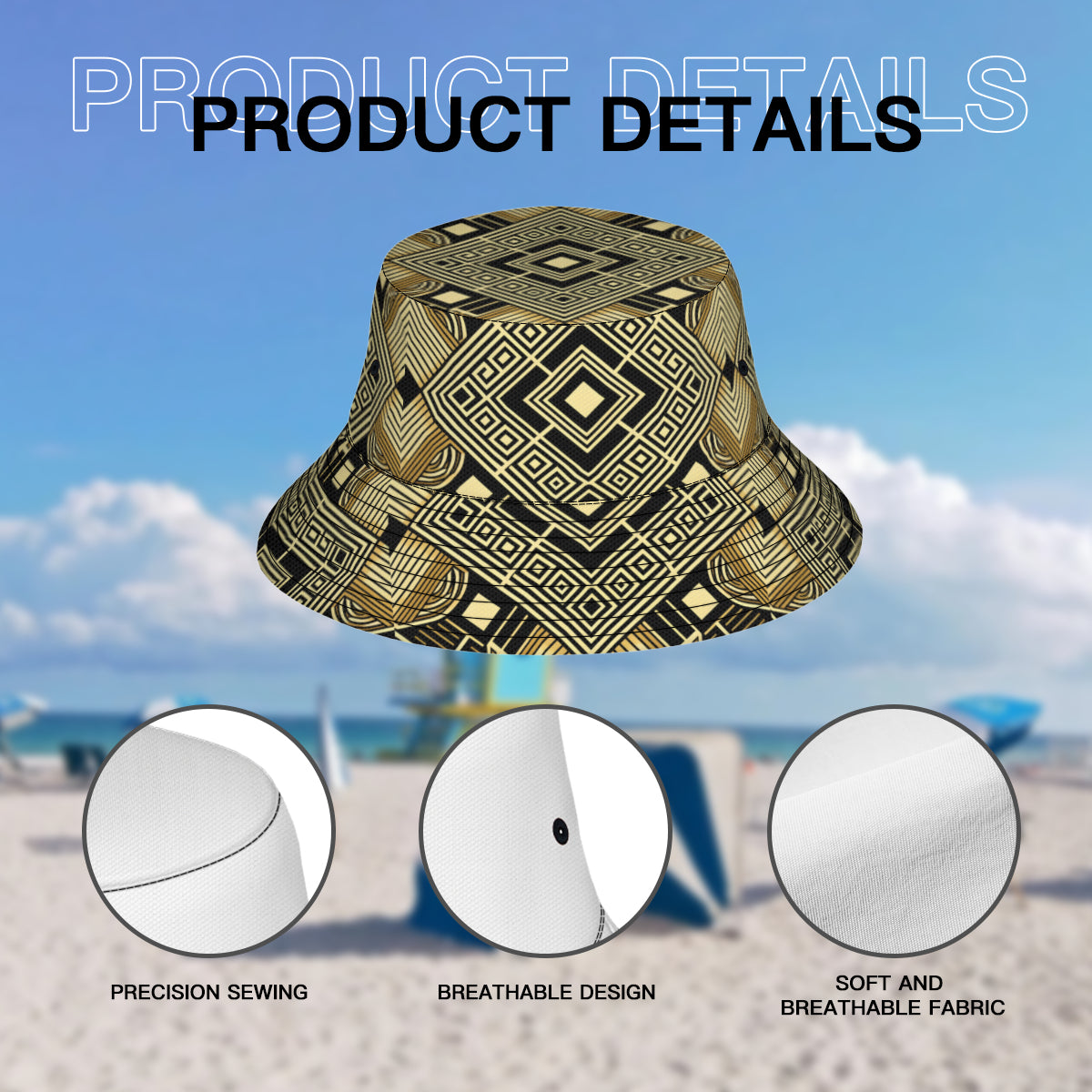Golden Geometric Shapes Double-Sided Unisex Polyester Bucket Hat