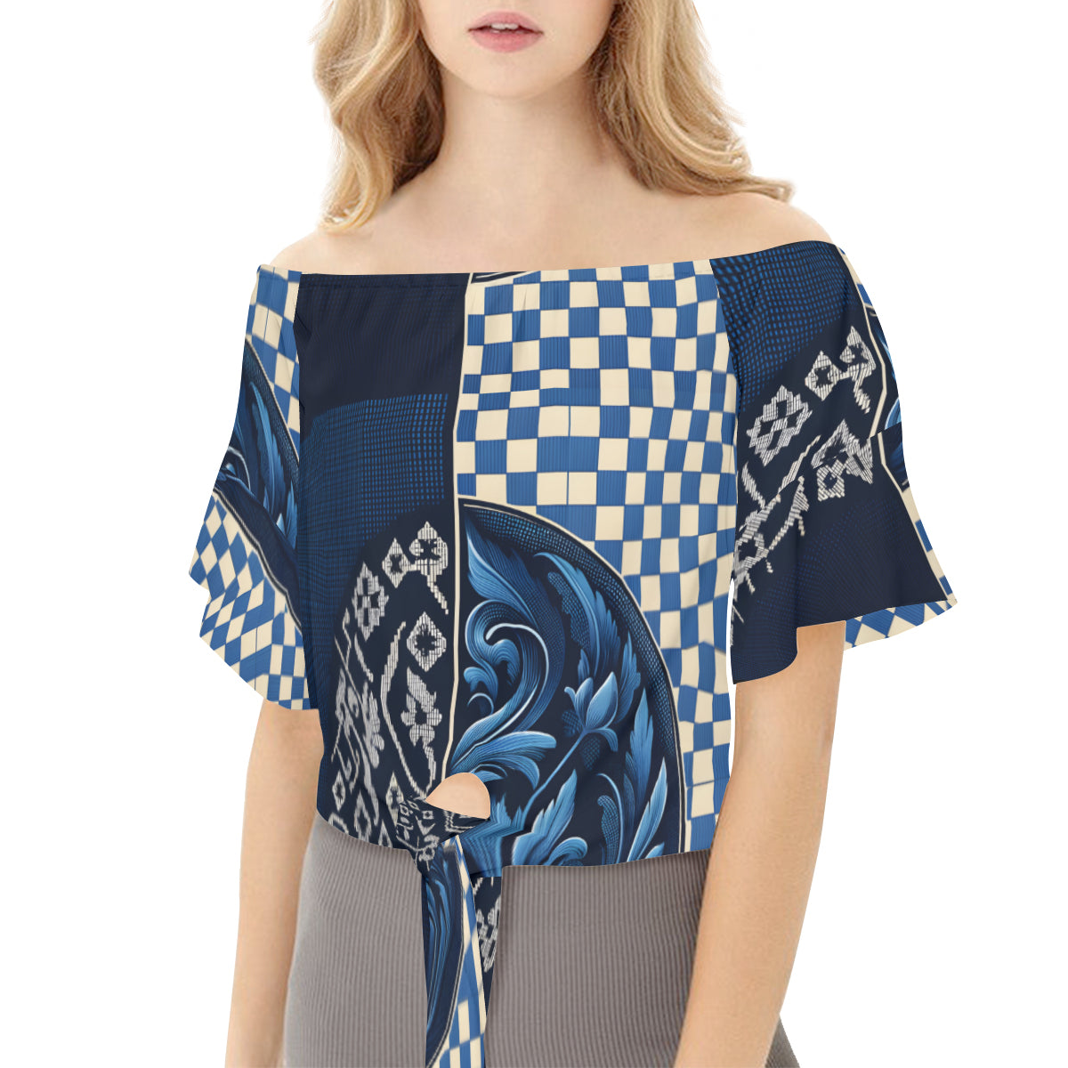Blue Check One-Shoulder Tie Short Sleeves