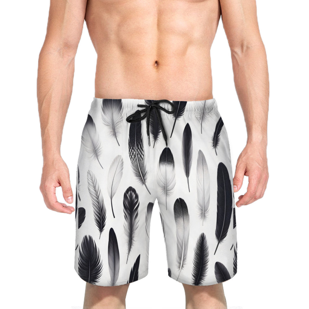 Black And White Feathers Men's Beach Shorts (Not Mesh Lined) | Polyester