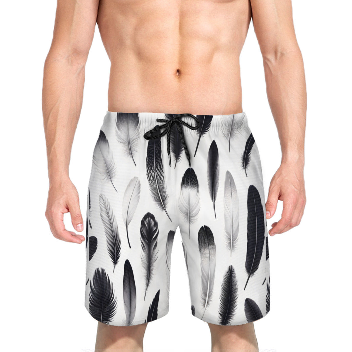 Black And White Feathers Men's Beach Shorts (Not Mesh Lined) | Polyester