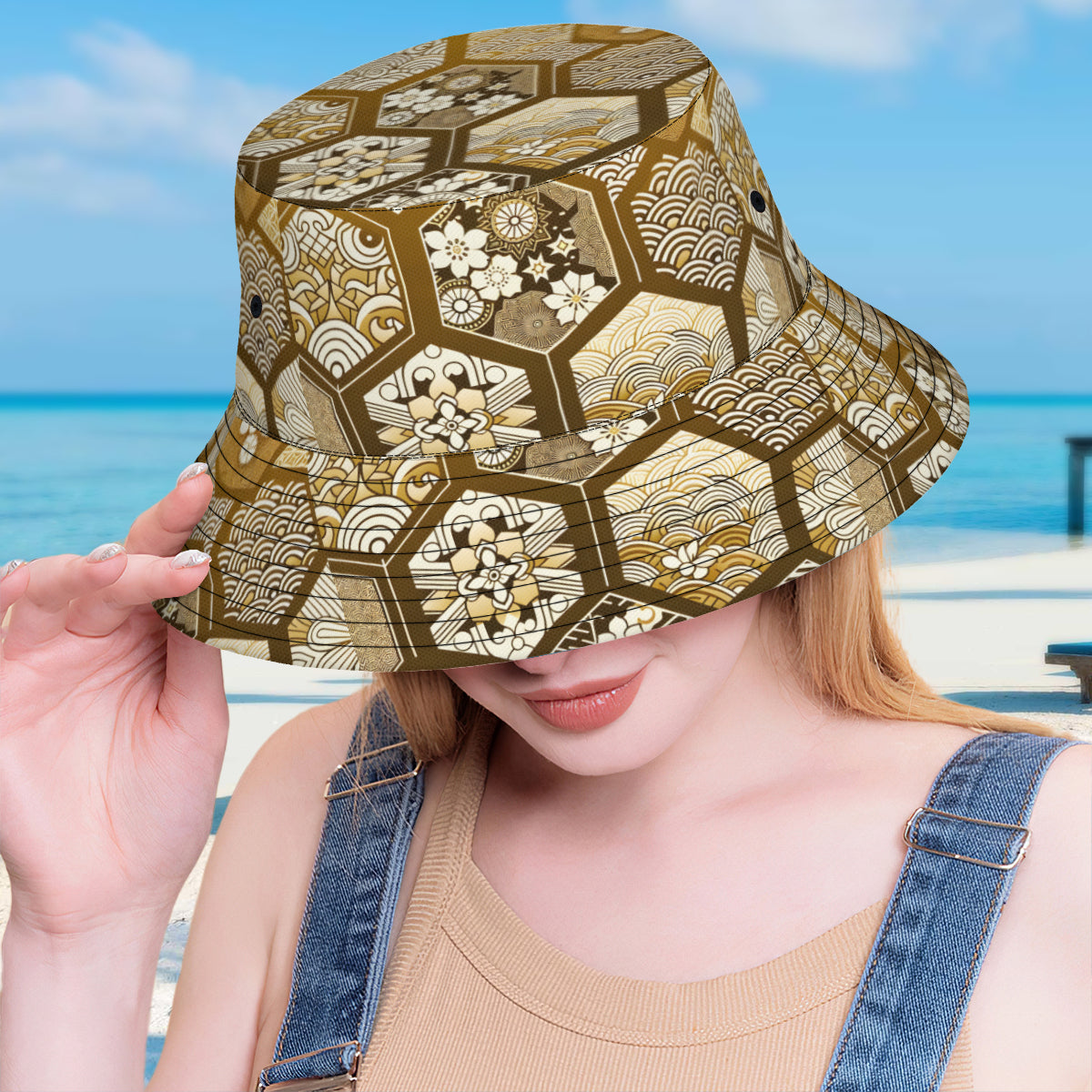 Golden Geometric Shapes Double-Sided Unisex Polyester Bucket Hat