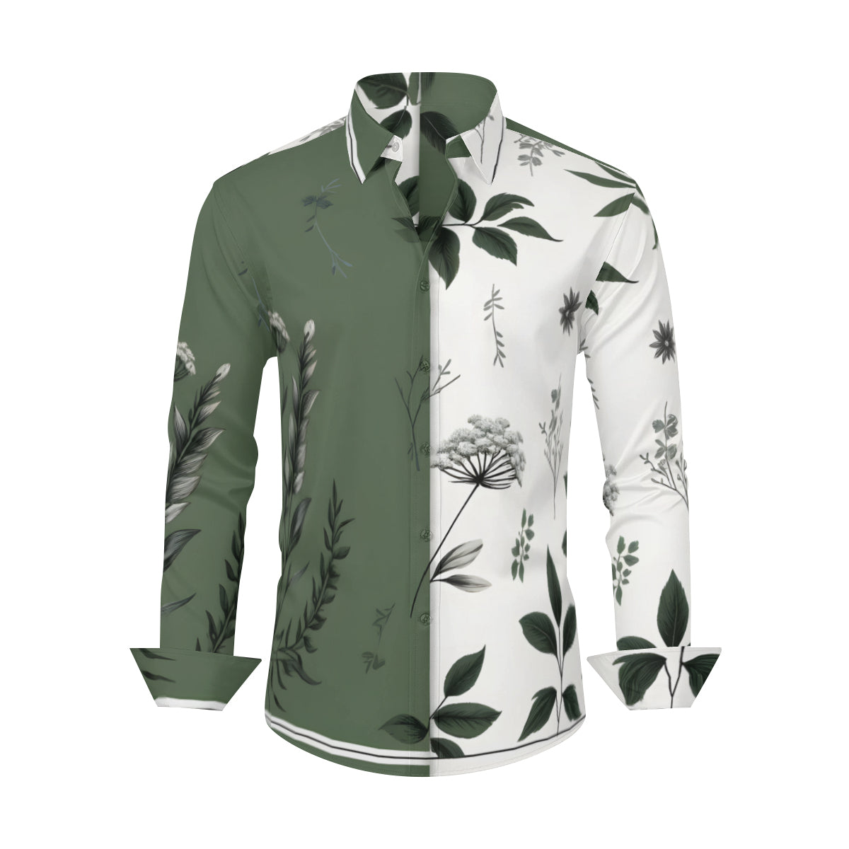 Olive Green Botanical Long Sleeves Men's Shirt