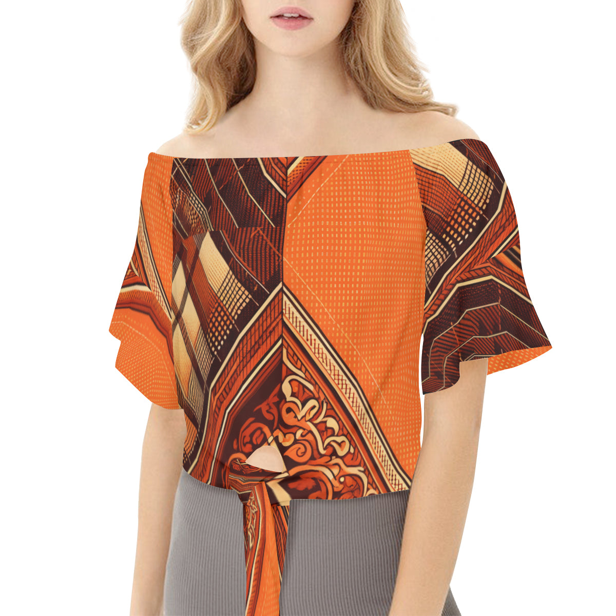 Orange Style One-Shoulder Tie Short Sleeves