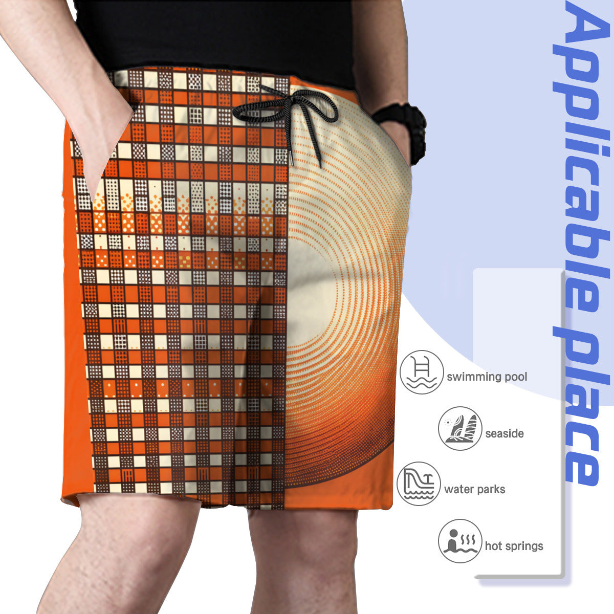 Orange Check Men's Beach Shorts (Not Mesh Lined) | Polyester