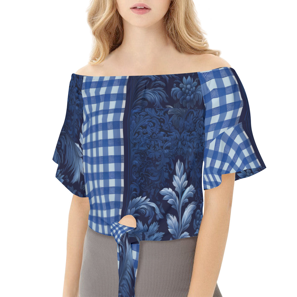 Blue Check Women's One-shoulder Tie Short Sleeves | Polyester