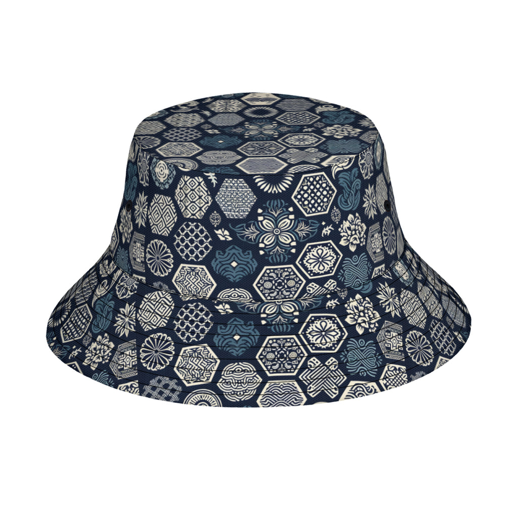 Navy Blue Geometric Shapes Double-Sided Unisex Polyester Bucket Hat