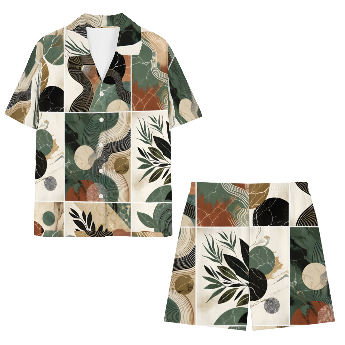 Abstract Casual Shirt and Shorts (Multi-faceted Design) | Cotton-Like Polyester