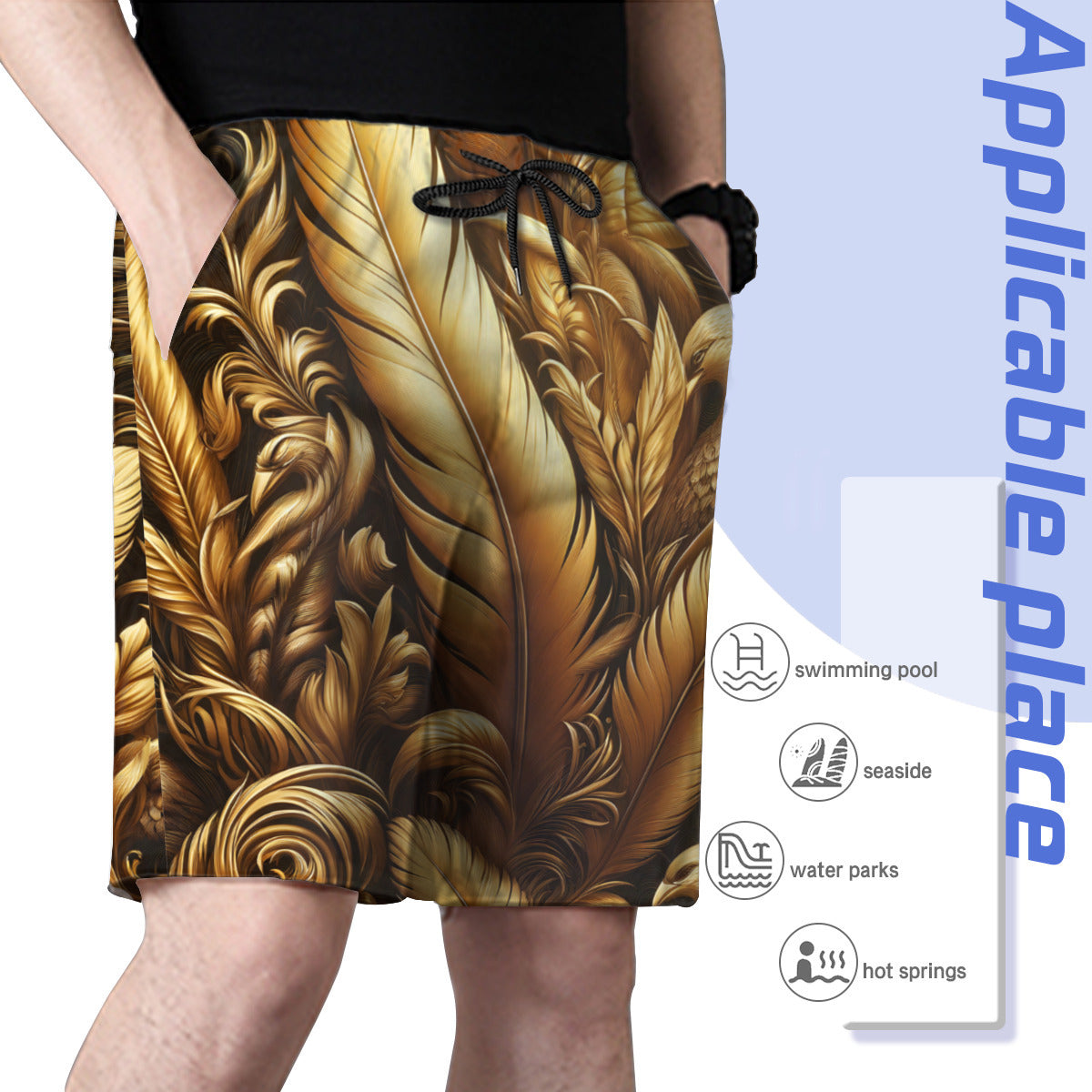 Golden Feathers Men's Beach Shorts (Not Mesh Lined) | Polyester