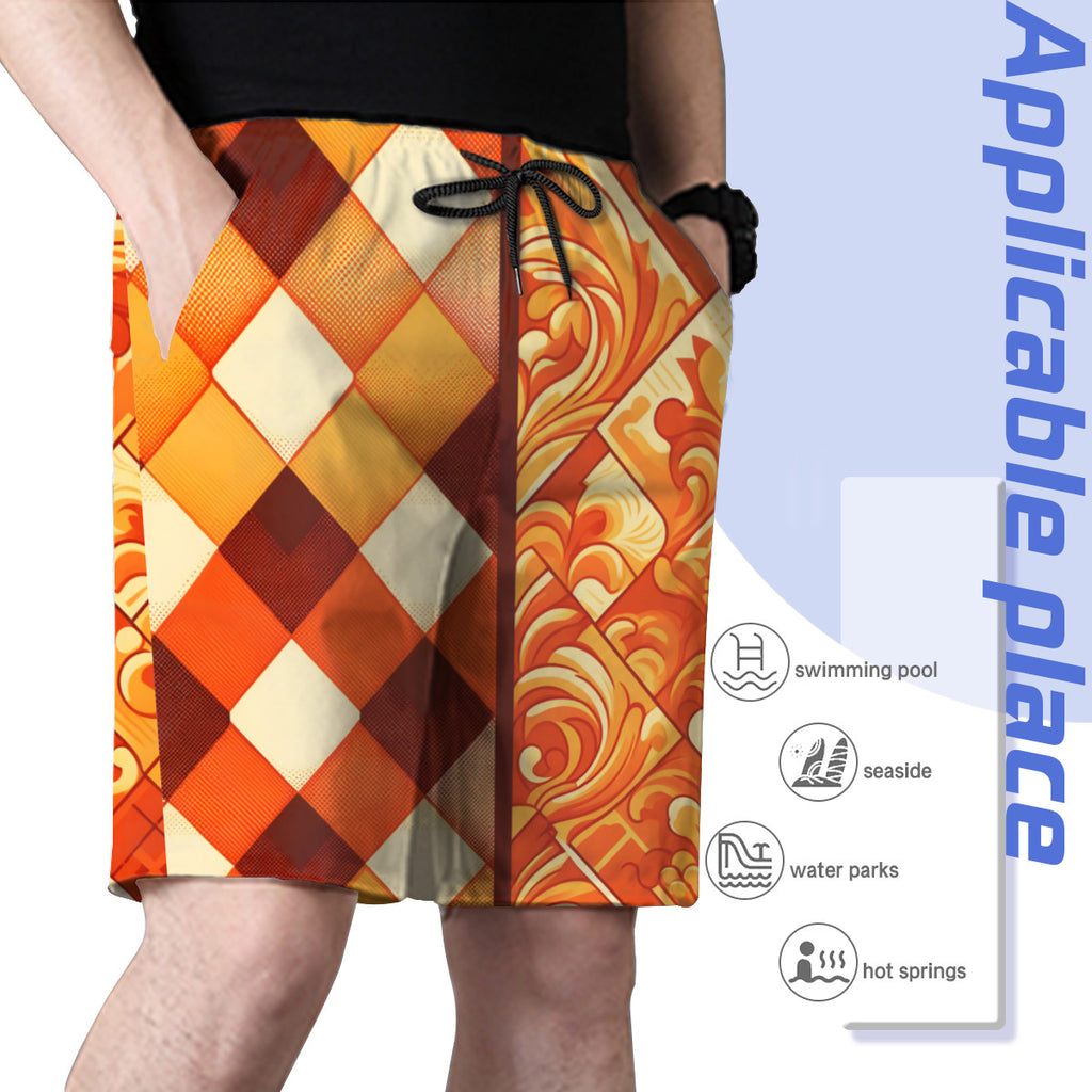 Orange Check Men's Beach Shorts (Not Mesh Lined) | Polyester
