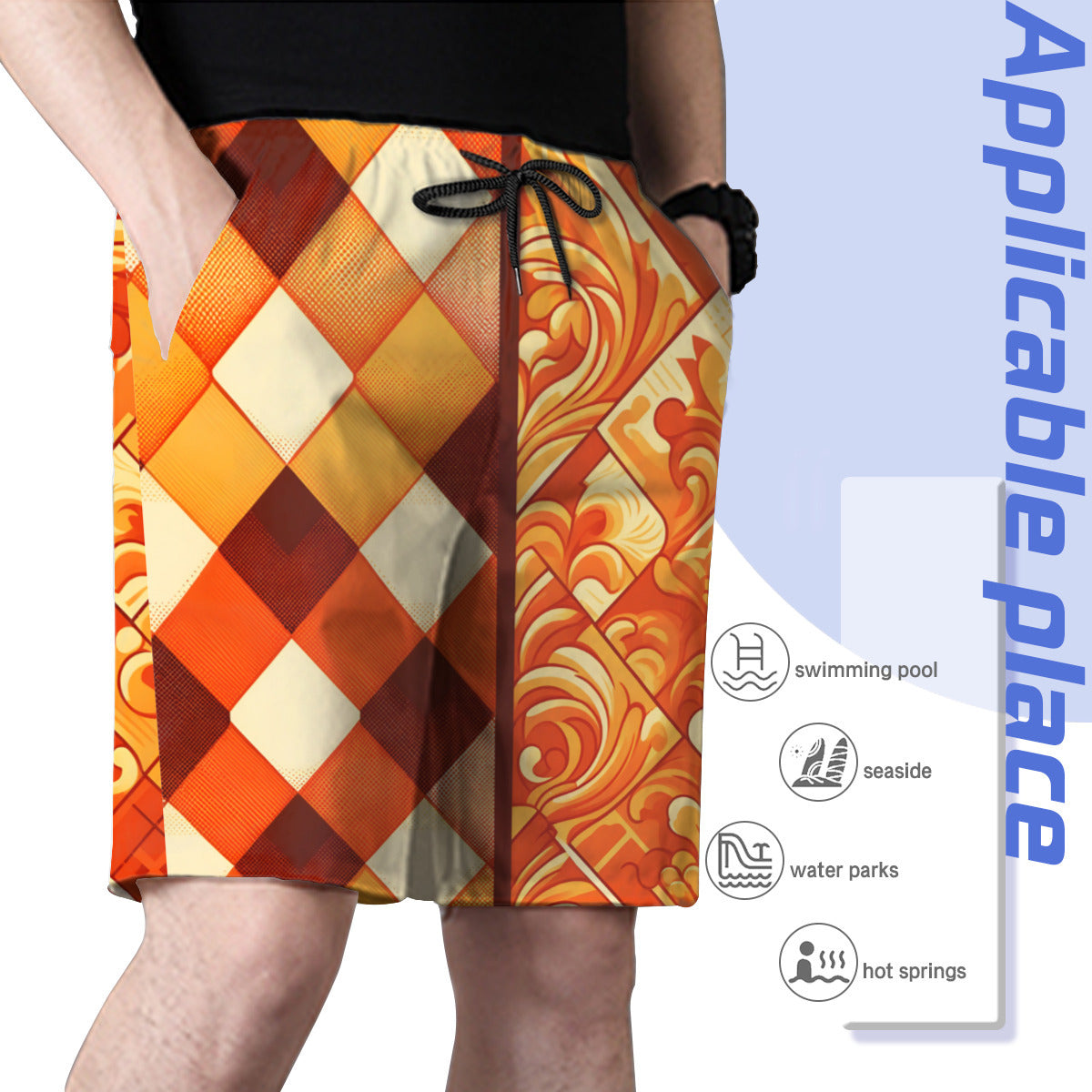 Orange Check Men's Beach Shorts (Not Mesh Lined) | Polyester