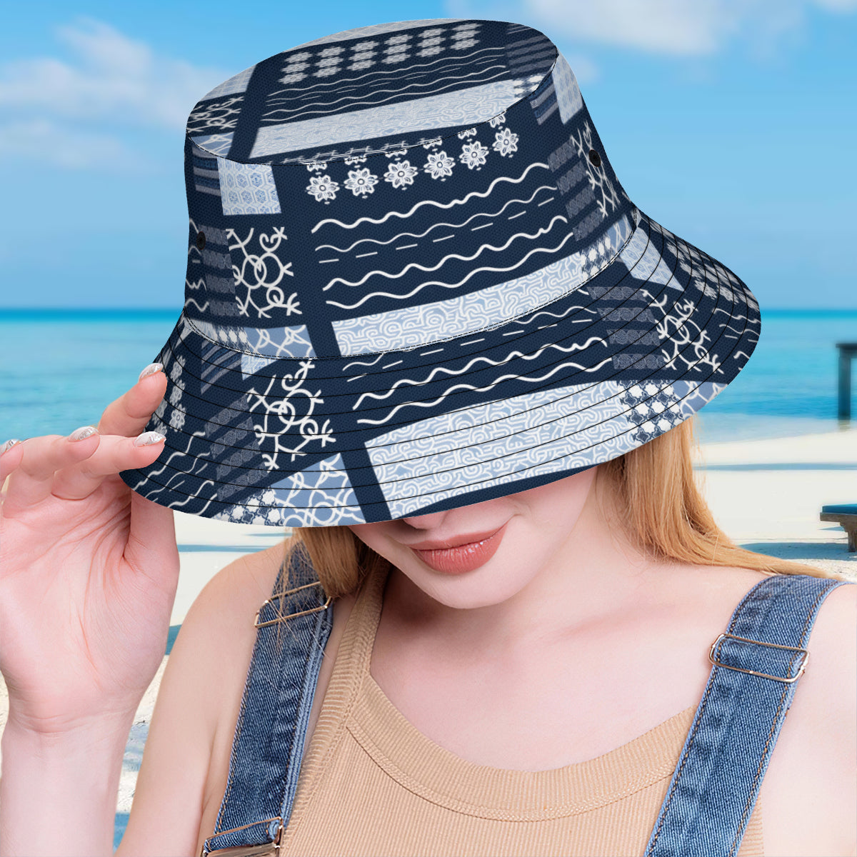 Navy Blue Geometric Shapes Double-Sided Unisex Polyester Bucket Hat