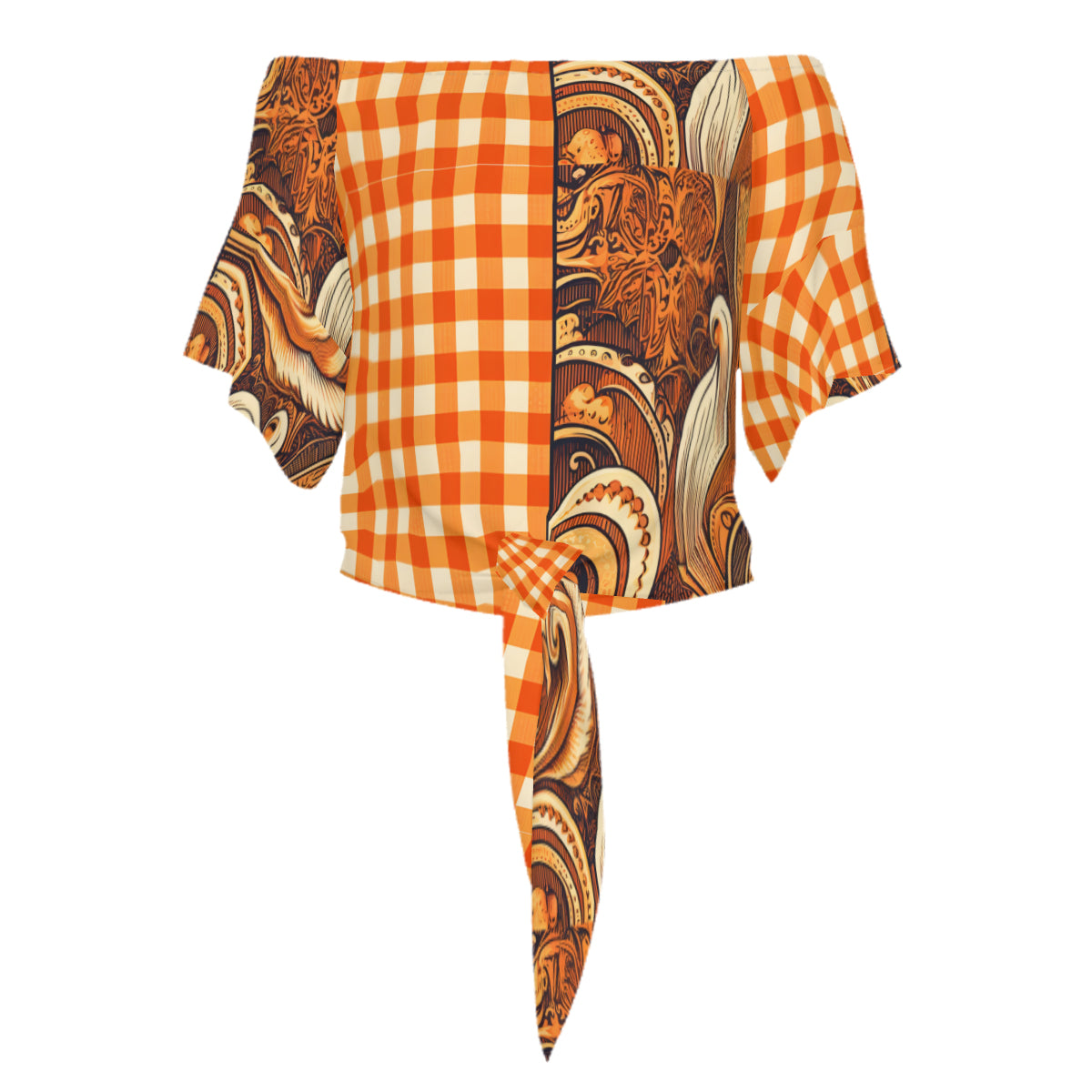 Orange Check One-Shoulder Tie Short Sleeves