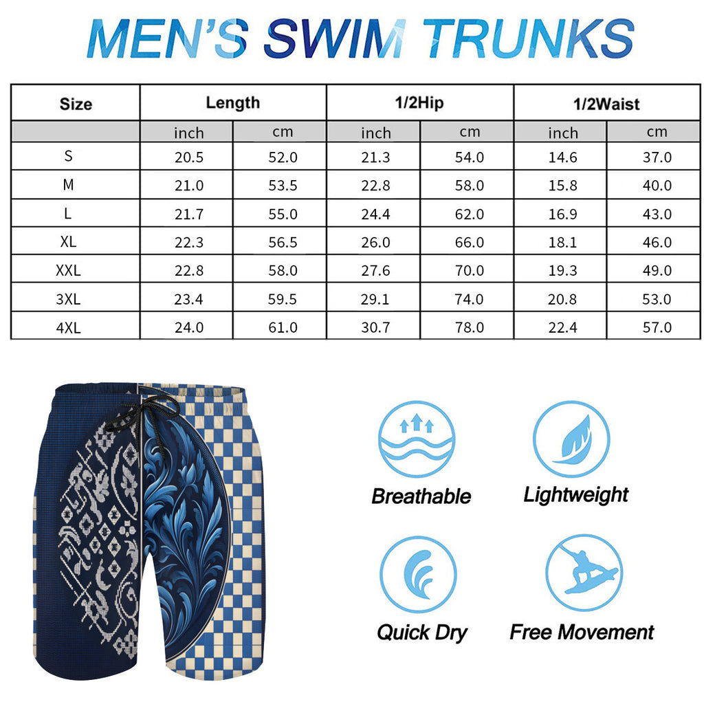 Blue Check Men's Beach Shorts (Not Mesh Lined) | Polyester
