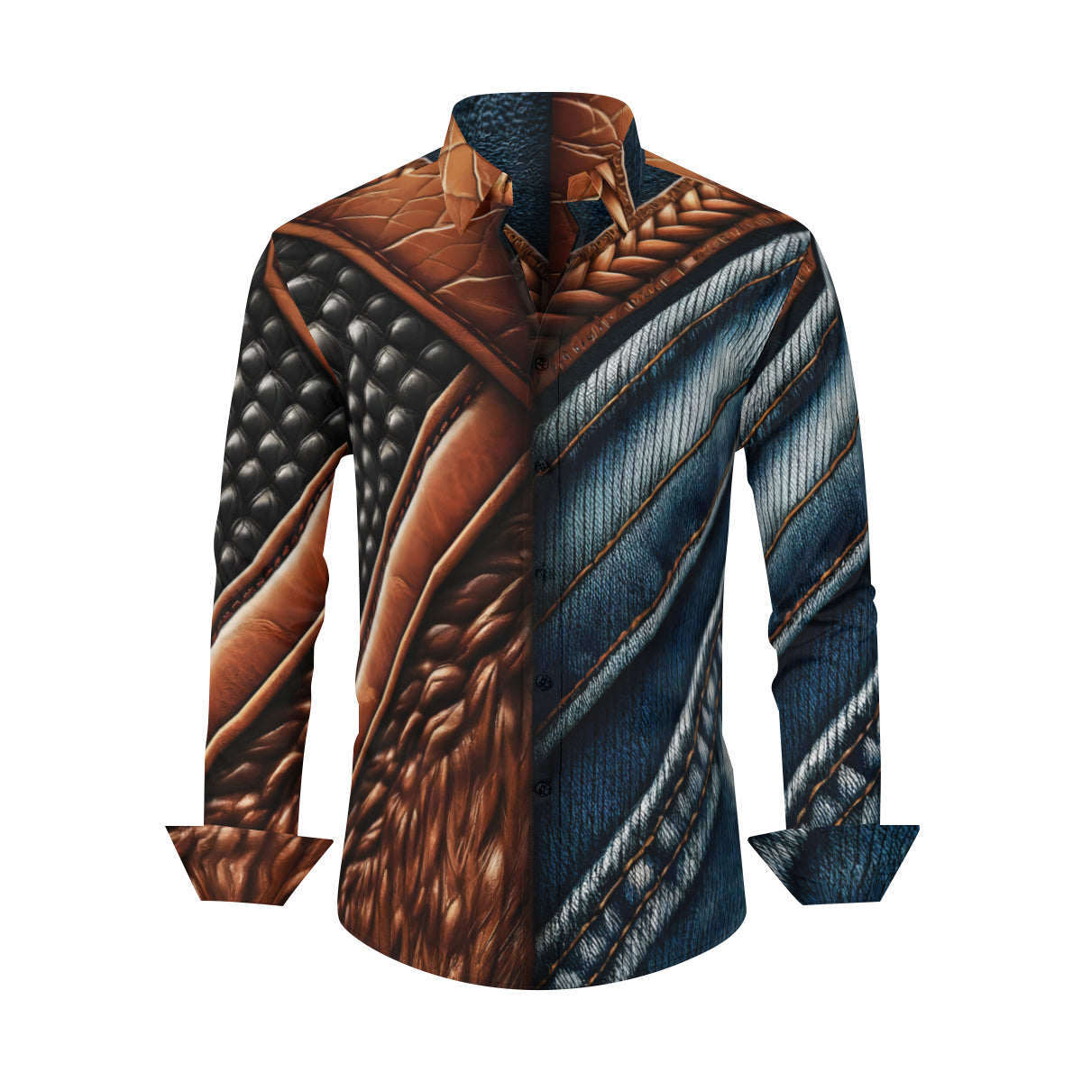 Denim And Leather Design Long Sleeves Men's Shirt