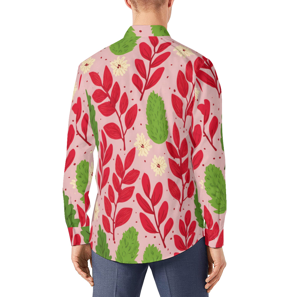 Pink Floral Men's Classic Long-Sleeved Shirt | Polyester