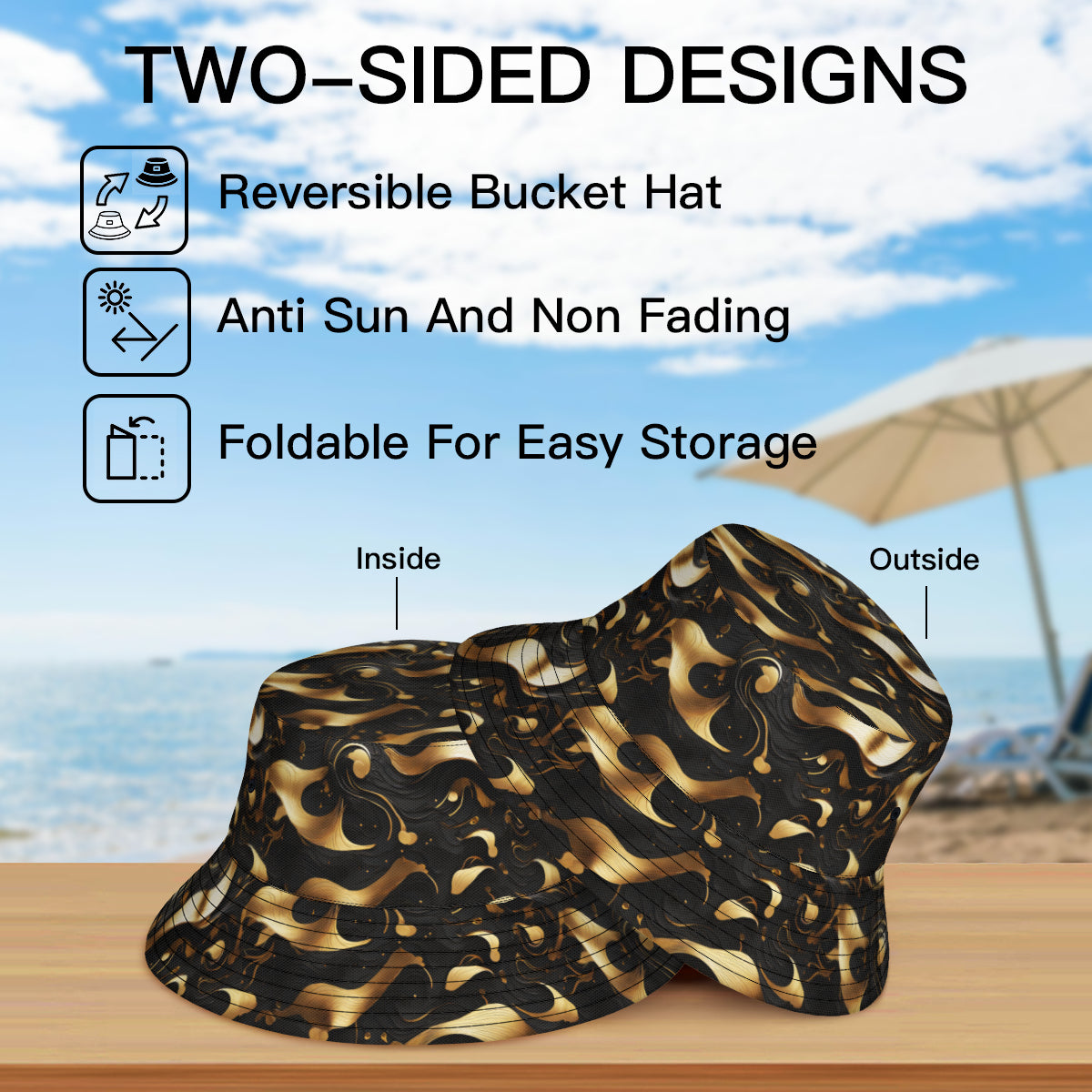 Golden Dynamic Double-Sided Unisex Polyester Bucket Hat