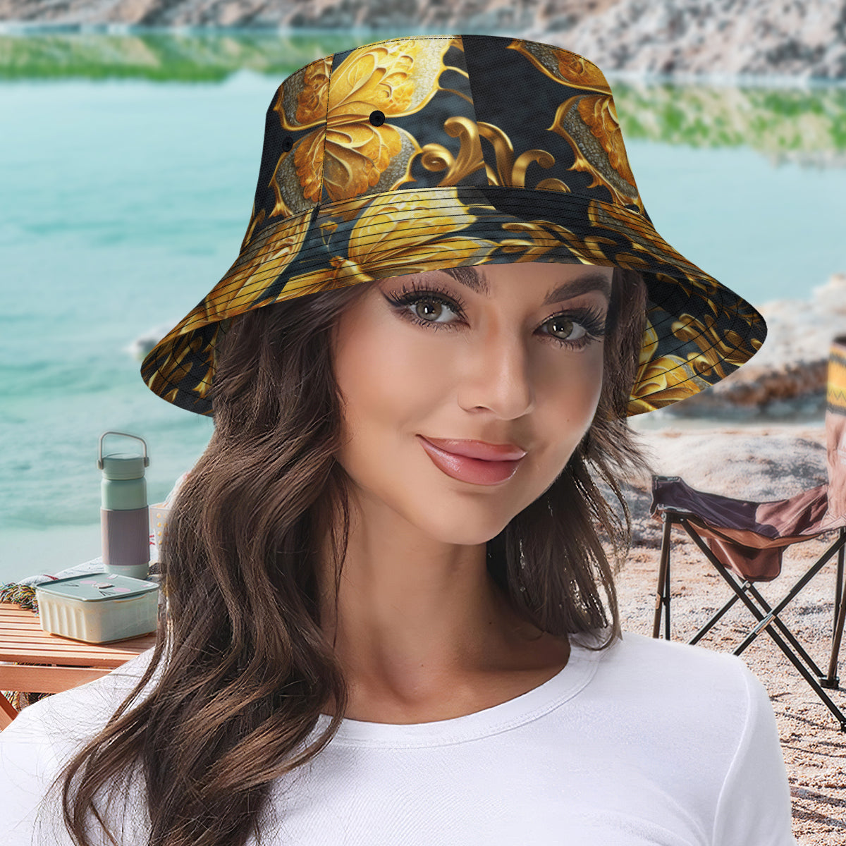 Golden Butterfly Double-Sided Unisex Polyester Bucket Hat