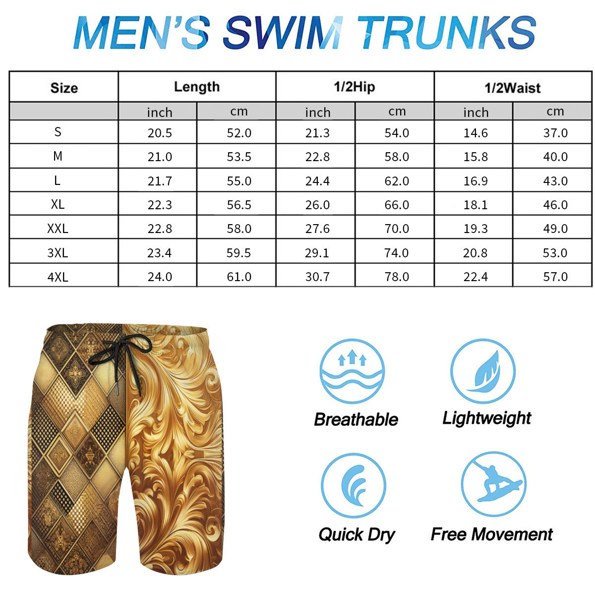 Elegant Gold Men's Beach Shorts (Not Mesh Lined) | Polyester