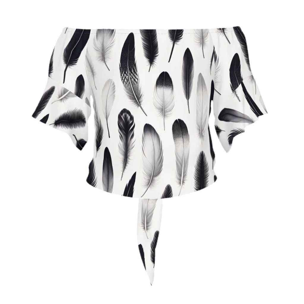 Black And White Feathers One-Shoulder Tie Short Sleeves