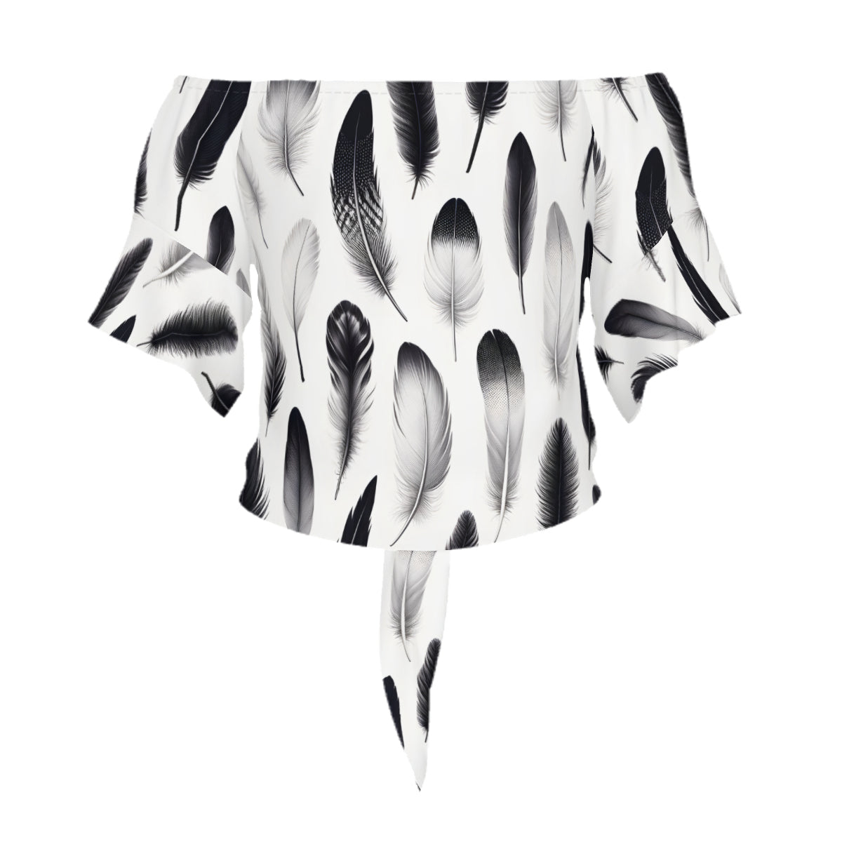 Black And White Feathers One-Shoulder Tie Short Sleeves