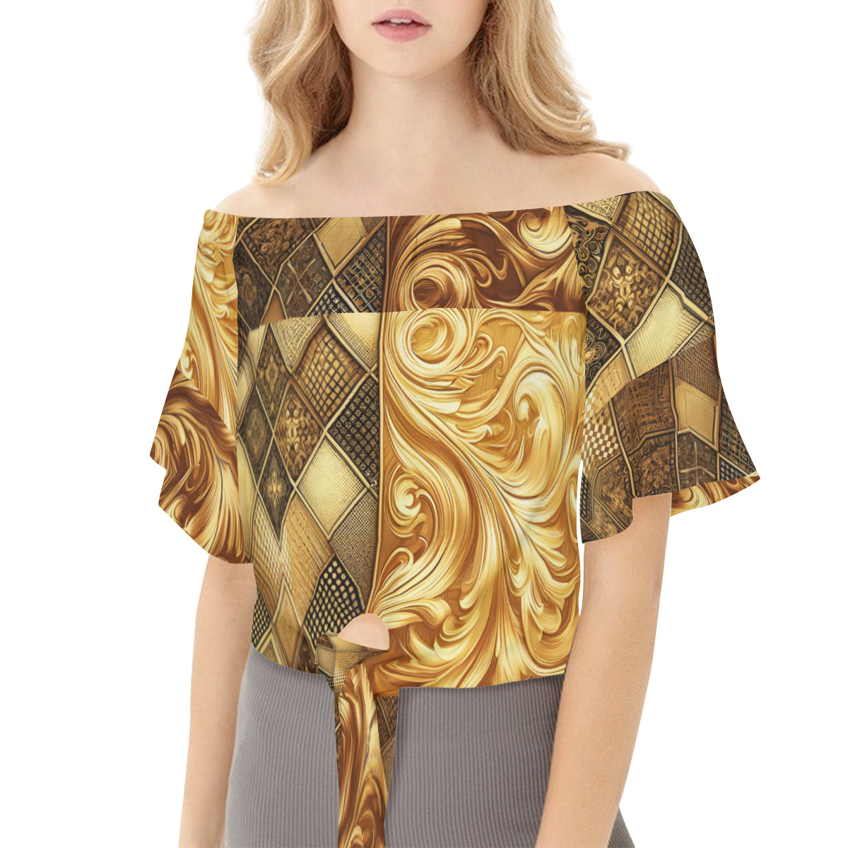 Golden Elegance One-Shoulder Tie Short Sleeves