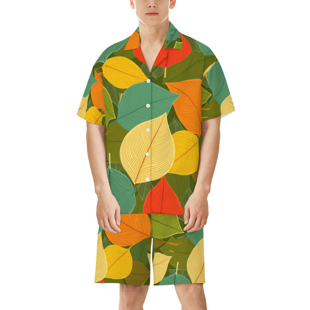 Autumn Floral Man's Shirt and Shorts Set (Multi-faceted Design) | Cotton-Like Polyester
