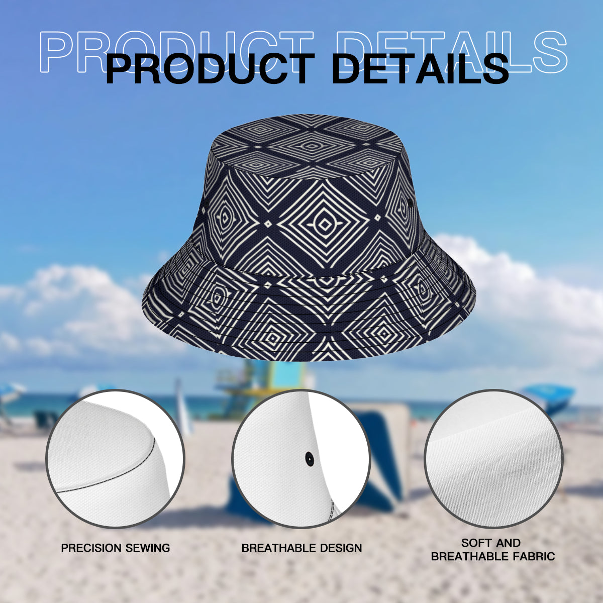 Navy Blue Geometric Shapes Double-Sided Unisex Polyester Bucket Hat