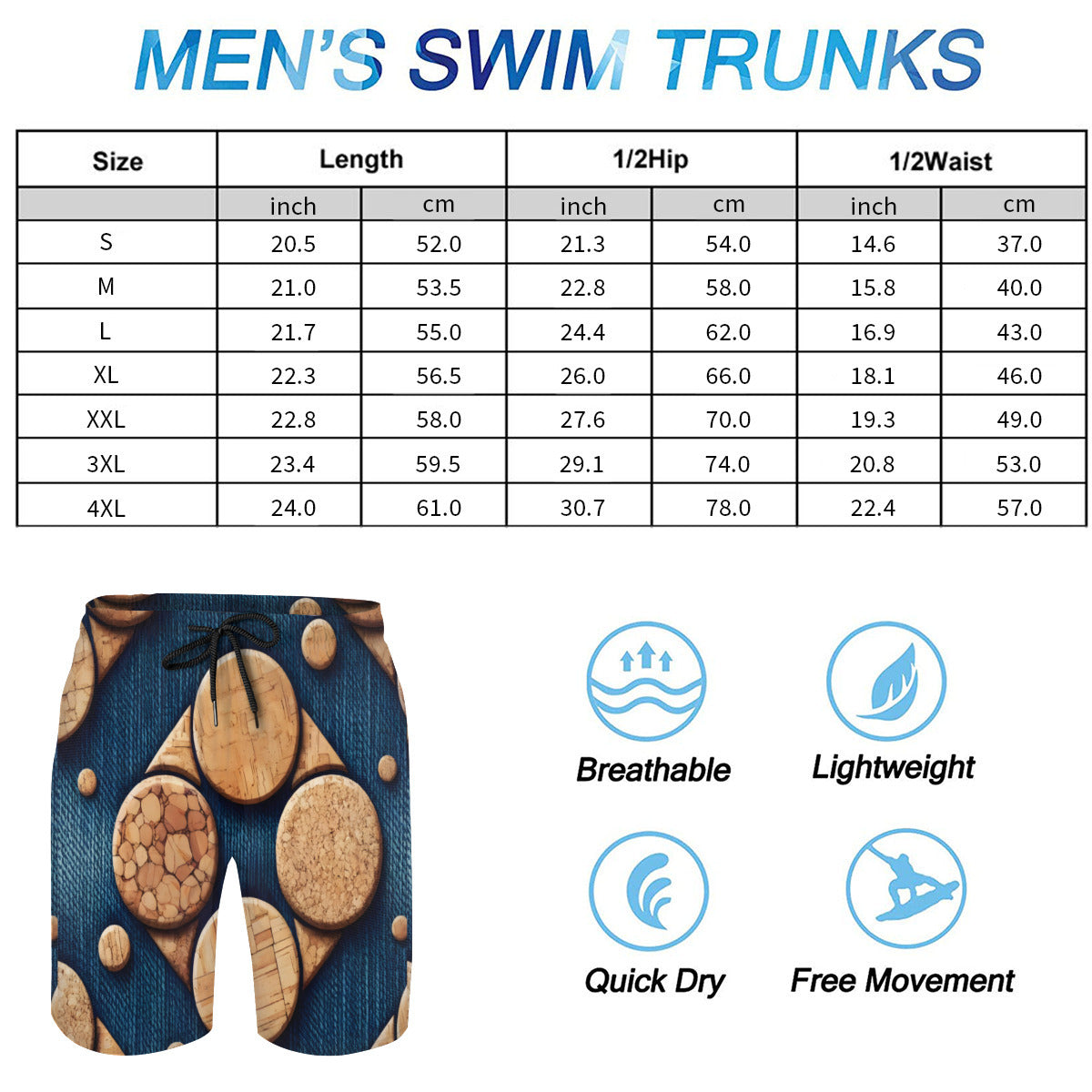 Cork Denim Men's Beach Shorts (Not Mesh Lined) | Polyester