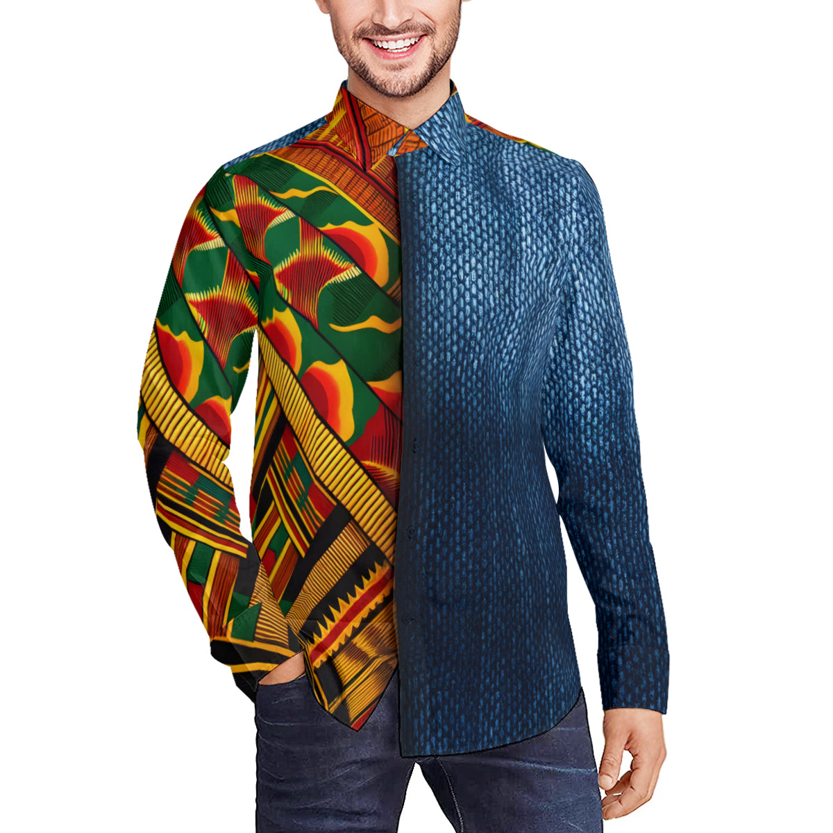 Kente Denim Style Classic Long Sleeves Men's Shirt