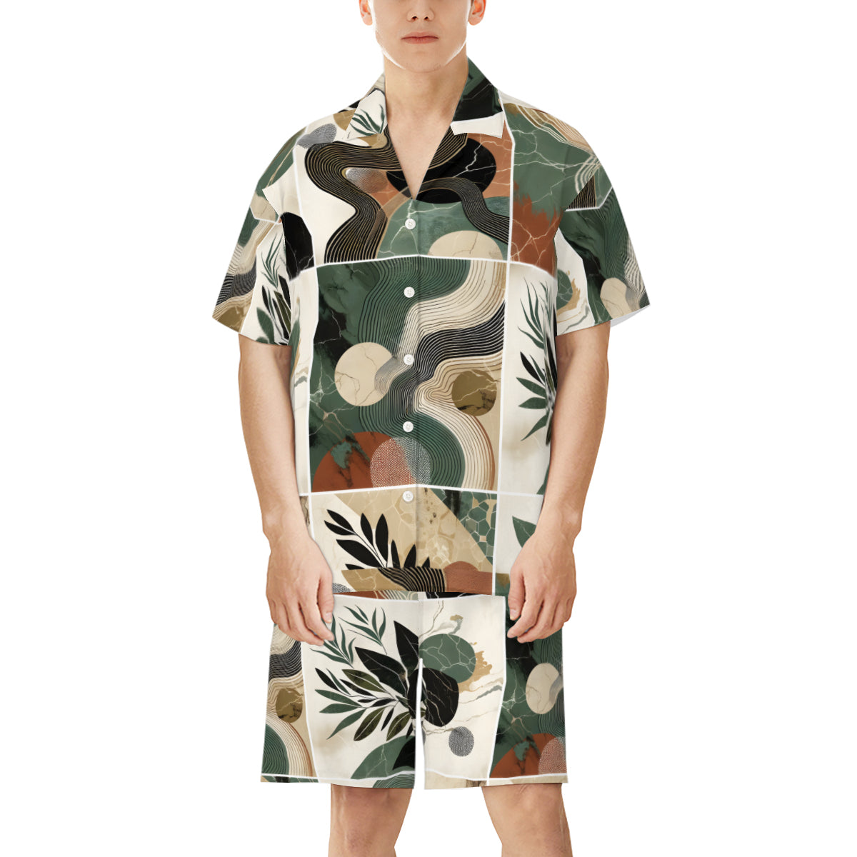 Abstract Casual Shirt and Shorts (Multi-faceted Design) | Cotton-Like Polyester