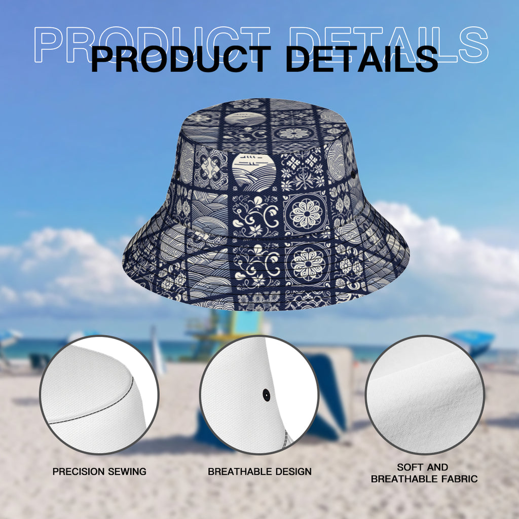 Navy Blue Geometric Shapes Double-Sided Unisex Polyester Bucket Hat