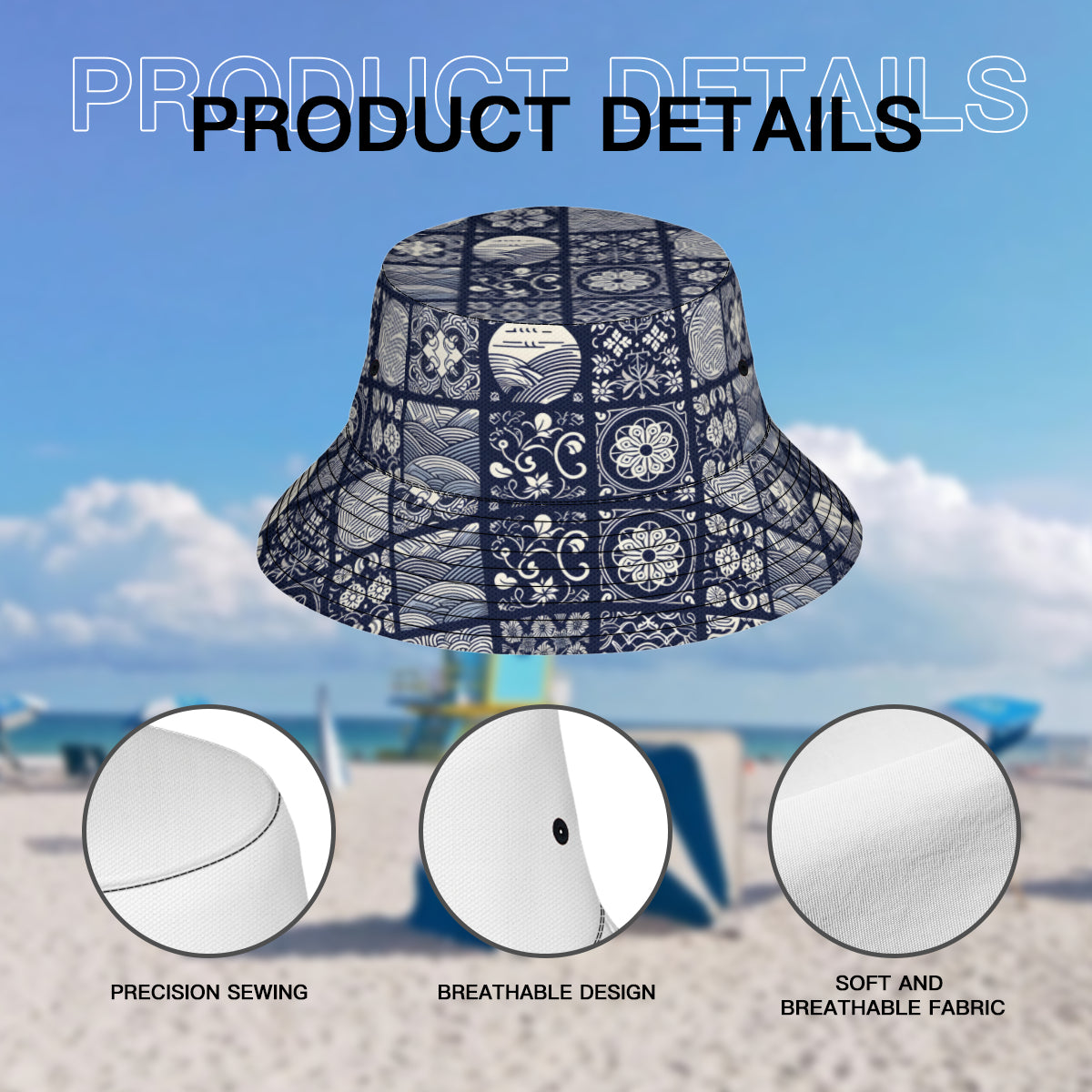 Navy Blue Geometric Shapes Double-Sided Unisex Polyester Bucket Hat