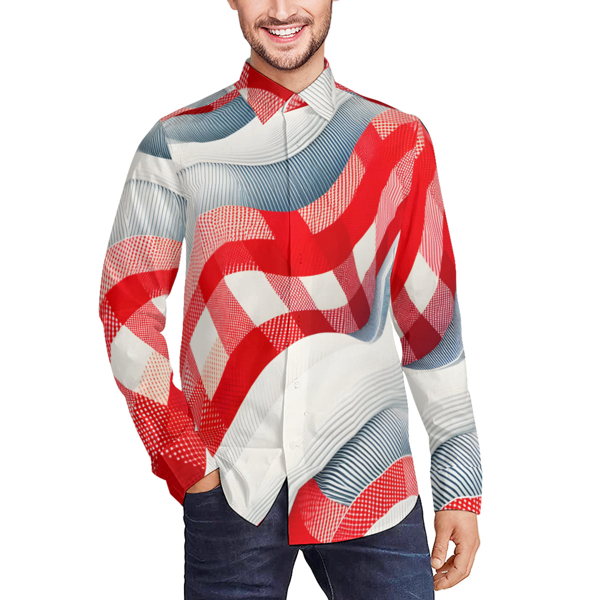 Denim Texture With Bold Red Checks Long Sleeves Men's Shirt