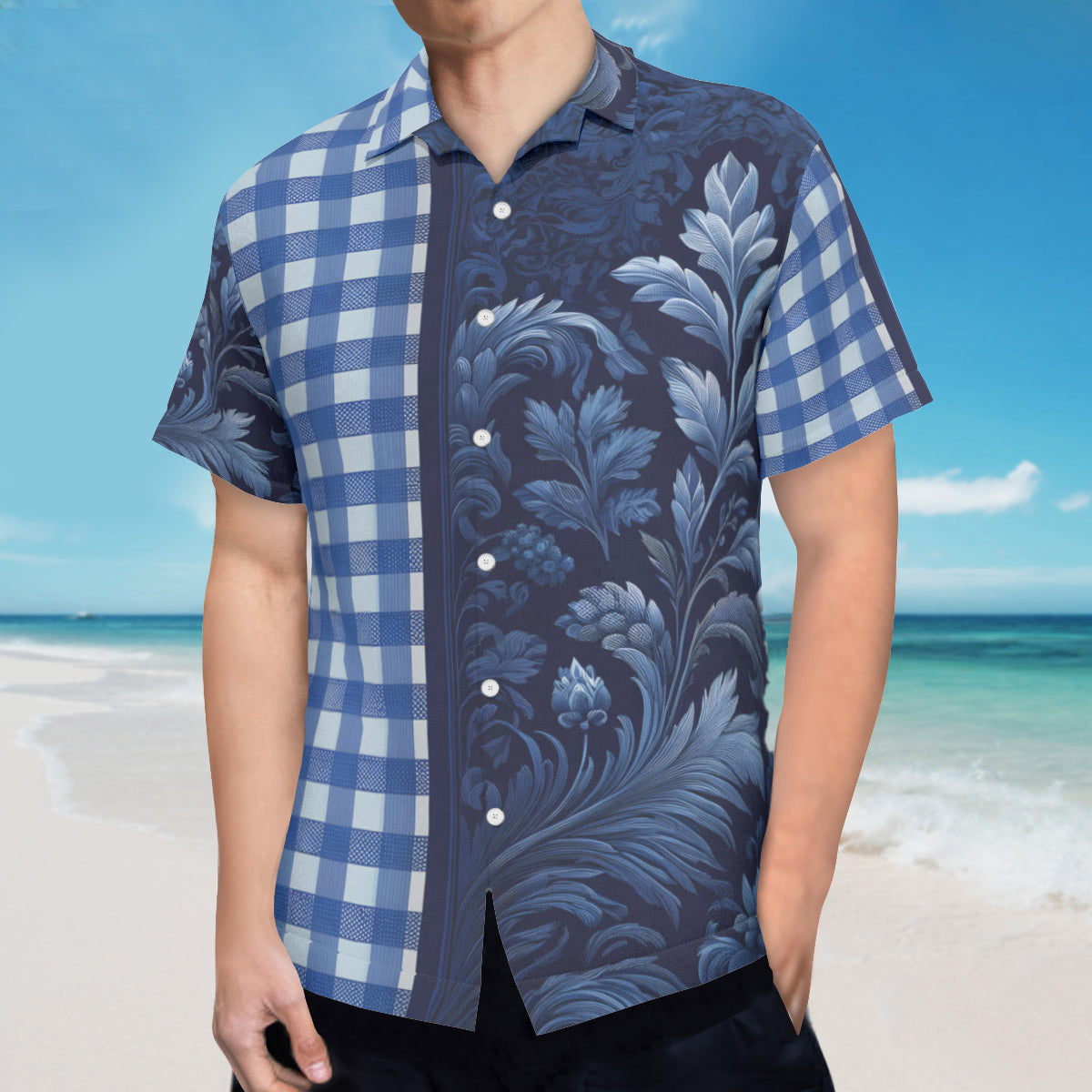 Blue Check Floral Short Sleeves Men's Shirt