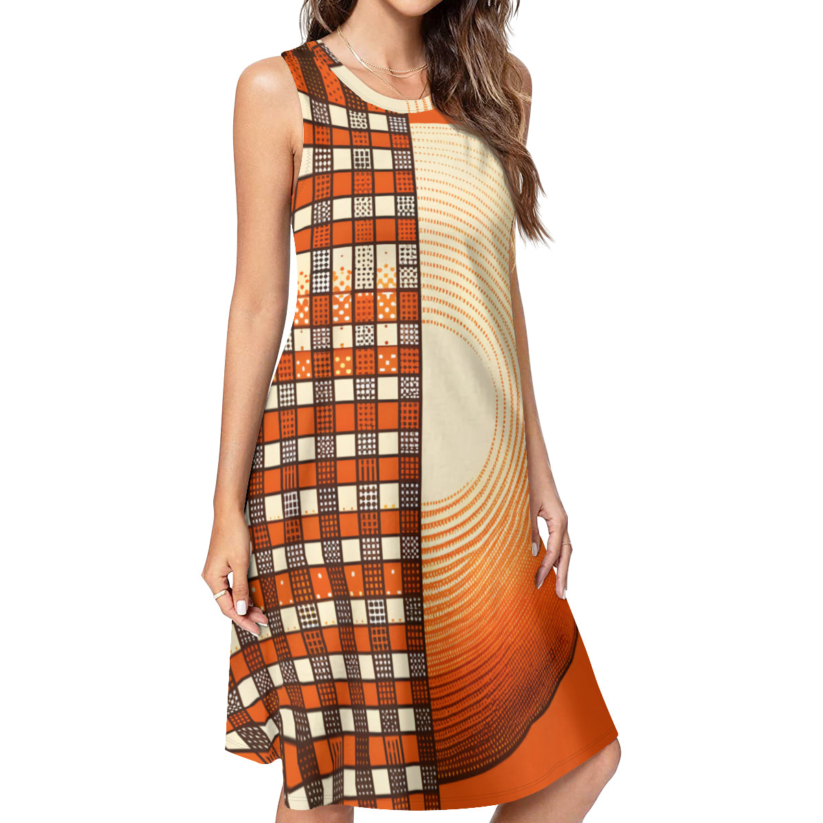 Orange Check Women's Casual Dress | Polyester