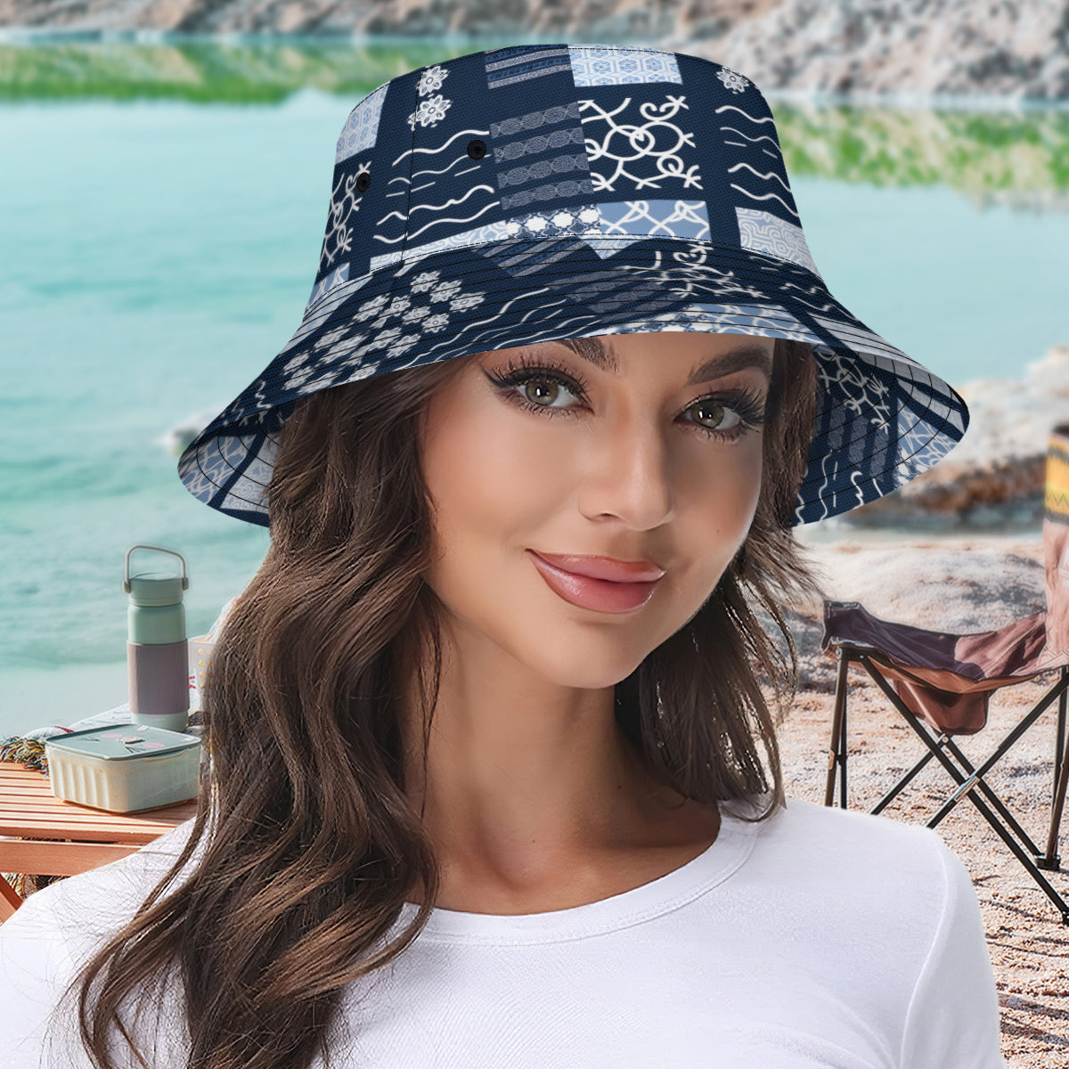 Navy Blue Geometric Shapes Double-Sided Unisex Polyester Bucket Hat