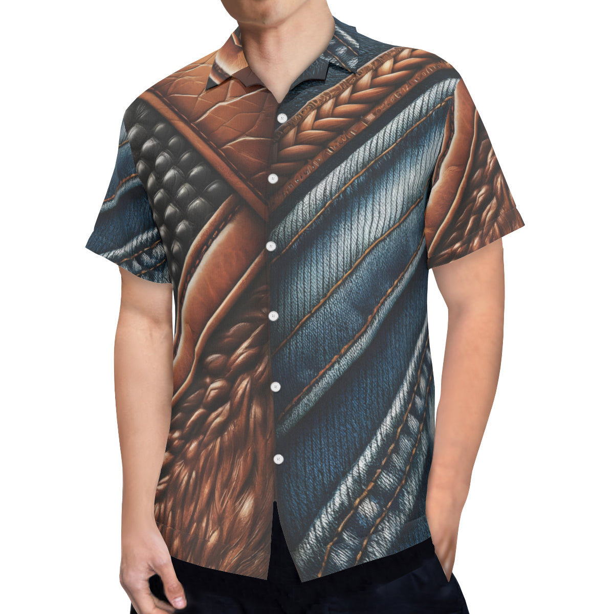 Denim And Leather Design Short Sleeves Men's Shirt