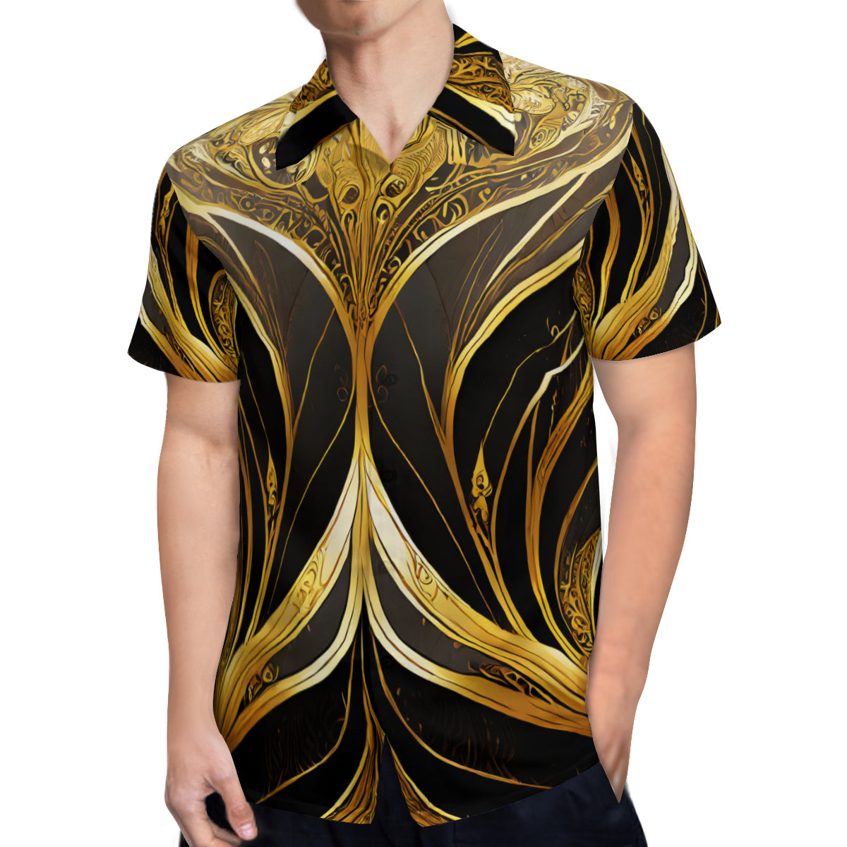Elegant Black And Gold Short Sleeves Men's Shirt